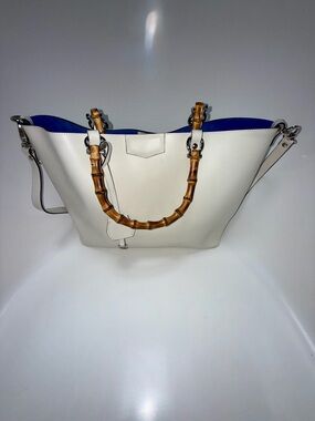 Designer Inspired Ivory Leather Tote Bamboo Handles